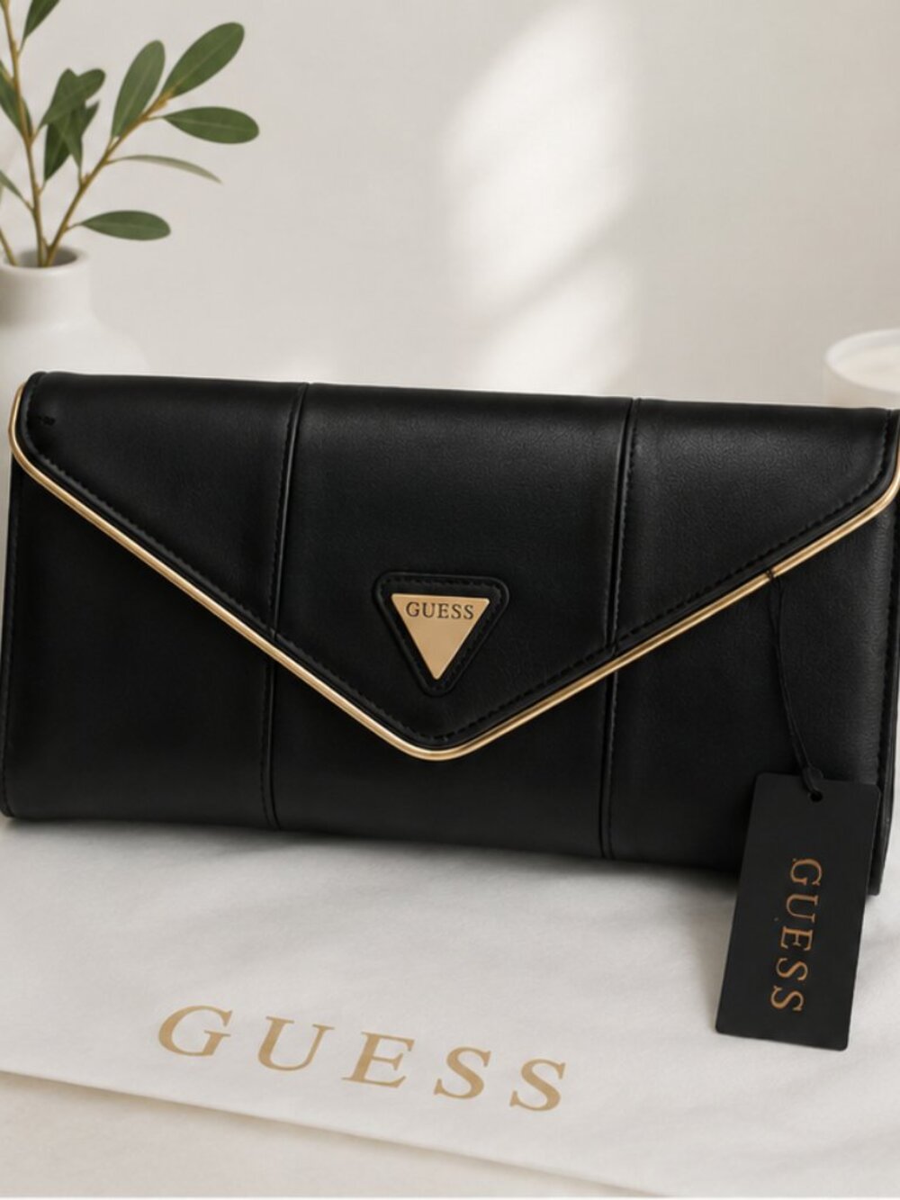 GUESS Black Envelope Clutch Gold Logo Evening Bag NWT 15" x 7"